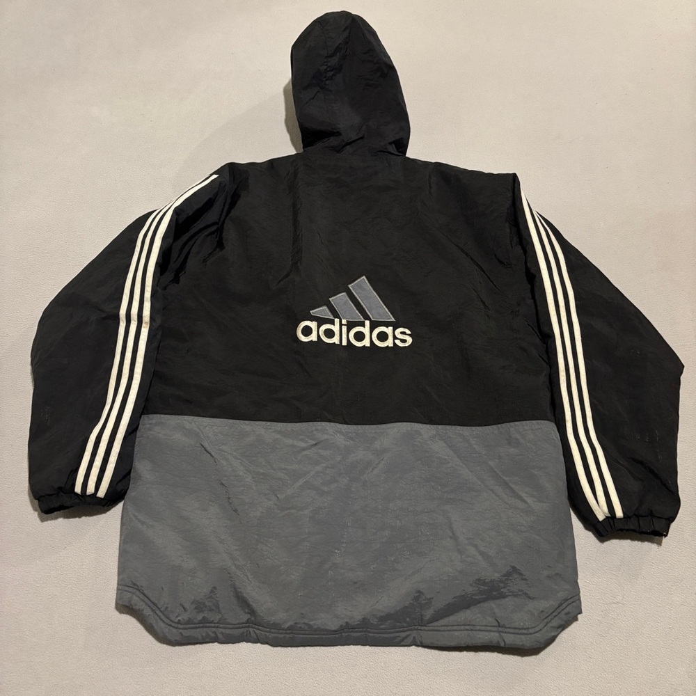 Vintage Adidas Parka Jacket Large Black Gray Embroidered Quilted Nylon Shell - Picture 8 of 9